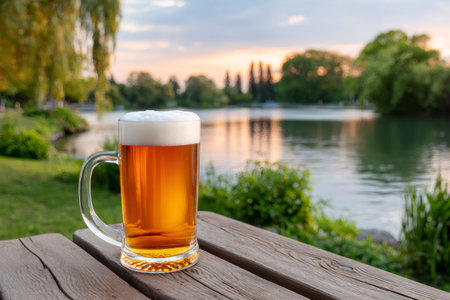 Beer mug sitting on a wooden table by a lake during an evening sunset, featuring relaxationの素材