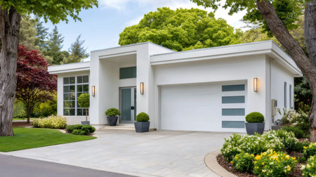 Contemporary white house featuring a concrete driveway and lush green gardenの素材