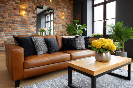 Industrial style living room showcasing a leather sofa, decorative cushions, wooden coffee table, and brick wallの素材