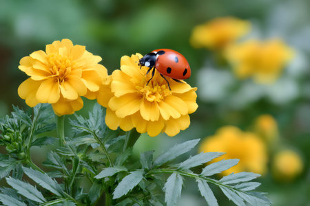 Ladybug resting on a vibrant yellow marigold flower in a green summer gardenの素材