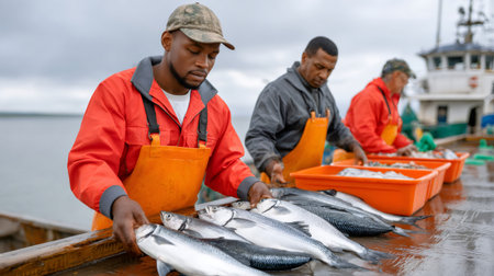 Fishermen preparing fresh fish on a boat deck, showing hard work and seafood industryの素材