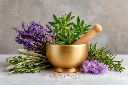 Fresh herbs like lavender and rosemary are processed in a traditional mortar and pestle for wellnessの素材