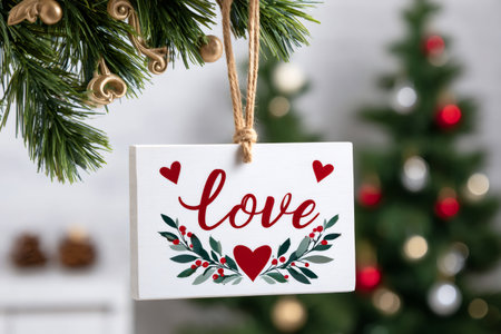 Rustic wooden love ornament hanging on Christmas tree branch celebrating holiday seasonの素材