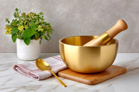 Golden mortar and pestle on marble counter with fresh herbs, ready for grinding spicesの素材