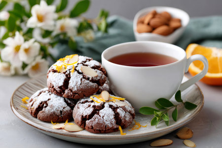 Chocolate crinkle cookies covered in powdered sugar, flaked almonds, and orange zest next to a cup of hot teaの素材
