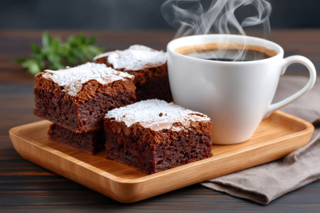 Chocolate brownies with powdered sugar on a wooden tray with a steaming cup of coffeeの素材