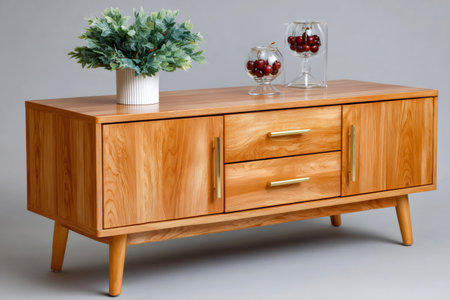 Wooden sideboard featuring minimalist design holding an indoor plant and two glasses of ripe red cherriesの素材