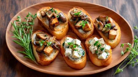 Appetizers with mushroom, tofu, and feta cheese on toasted bread, garnished with fresh herbsの素材