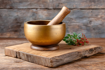 Brass mortar with a wooden pestle preparing fresh herbs for traditional medicineの素材