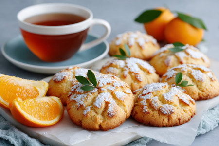 Freshly baked orange cookies dusted with powdered sugar, served with a cup of hot tea and orange slicesの素材