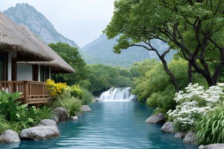 Tranquil water, lush greenery, and mountains surrounding a peaceful thatched-roof retreatの素材