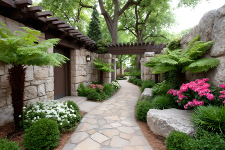 Serene garden pathway winding between stone walls, vibrant flowers, and green ferns under pergolasの素材
