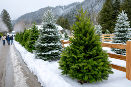 Winter scene showing people walking near a row of evergreen trees covered in snowの素材