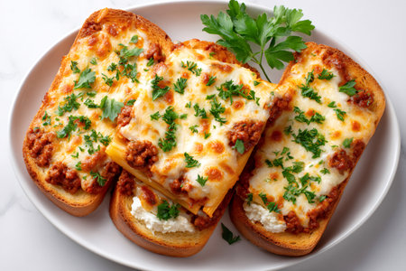 Baked pasta topped with melted cheese, bolognese sauce, and parsley on toasted breadの素材