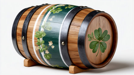 Wooden barrel featuring St. Patrick's Day theme with shamrock and green clover designsの素材