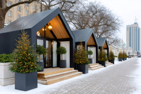 Modern market kiosks with festive Christmas trees lining an urban street after snowfallの素材