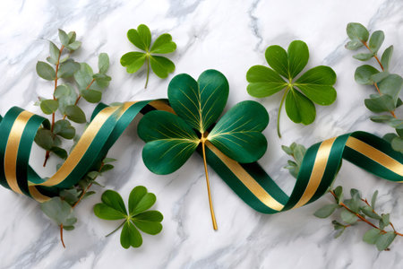 Shamrocks and festive green and gold ribbon laying on a white marble background, symbolizing luckの素材