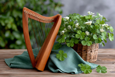Celtic harp and green shamrock plants with a cloth on a wooden tableの素材