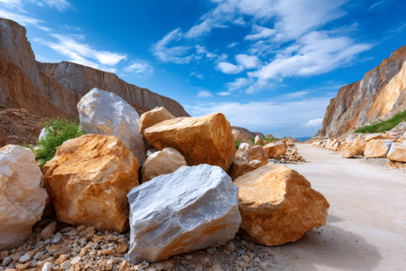 Large rocks and boulders highlighting the rugged terrain of a working quarryの素材