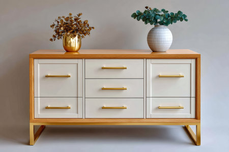 Stylish modern sideboard with wooden top, white drawers, brass hardware, and decorative vasesの素材