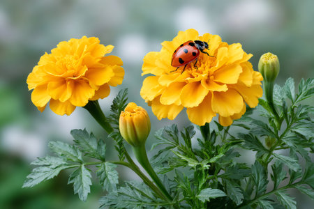 Ladybug resting on a marigold, showcasing nature's vibrant colors and delicate balanceの素材