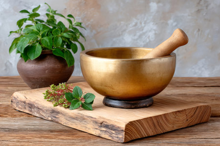 Brass mortar with wooden pestle holding fresh herbs with a plant pot in a rustic settingの素材