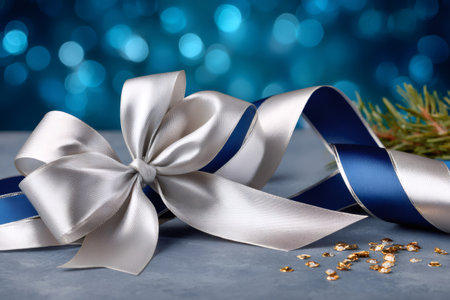 Elegant silver and blue ribbon forming a bow with festive confetti and bokeh lightsの素材