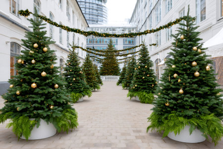 Christmas trees with golden baubles and lights adorning a city passage in winterの素材