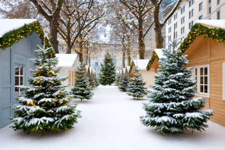 Festive Christmas market with wooden stalls and decorated fir trees covered in fresh snowの素材