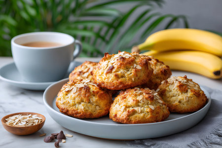 Homemade banana oat scones on a plate with coffee, bananas, and oatsの素材
