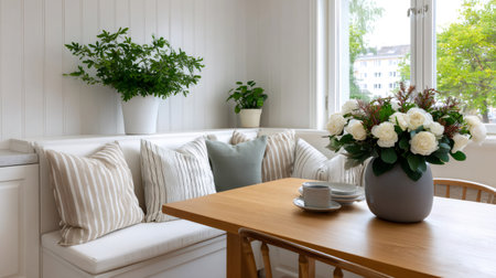 Home interior featuring a dining nook with light wood, white walls, plants, and flowers, creating a cozy atmosphereの素材