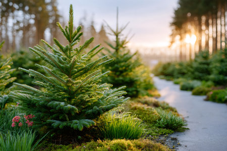 Young spruce trees receiving morning sunlight next to a winding path in a peaceful forestの素材