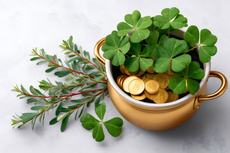 Golden pot brimming with gold coins and fresh shamrock plants, symbolizing wealth and luckの素材