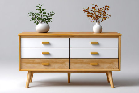 Mid-century modern dresser furniture with green and brown plantsの素材