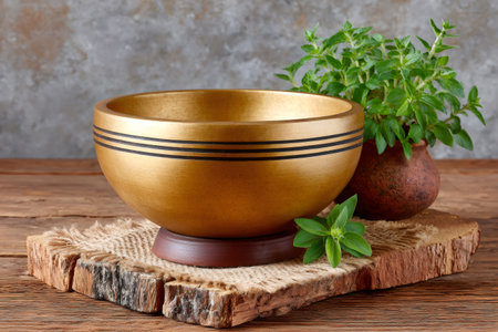 Tibetan singing bowl with fresh mint herbs on a rustic wooden backgroundの素材