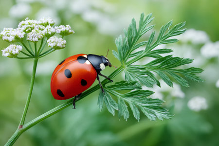 Ladybug with red and black spots crawling on a green leaf with white flowersの素材