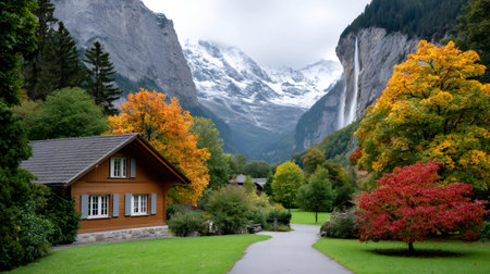 Wooden chalet standing in Lauterbrunnen valley with autumn trees, Staubbach Falls, and snow-capped mountainsの素材