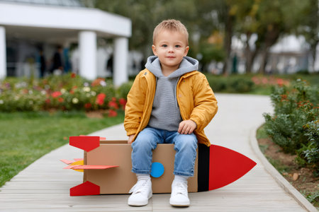 Child sitting on a handmade rocket, imagining space explorationの素材