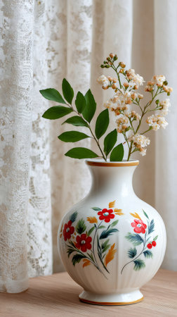 Ceramic vase with vibrant floral pattern holding green leaves and small white flowers on a wooden tableの素材