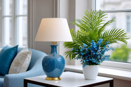 Modern table lamp and potted plant adding color and style to a home interiorの素材