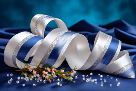 Elegant white and blue ribbon on a rich blue silk fabric with tiny pink flowers and shining crystalsの素材