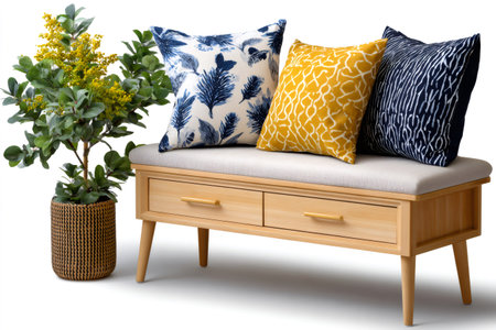 Modern Scandinavian wooden bench displaying decorative cushions and a green plant in a woven potの素材