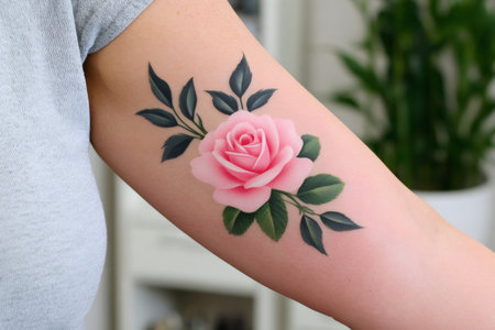 Woman's arm displaying a realistic pink rose tattoo with green leavesの素材