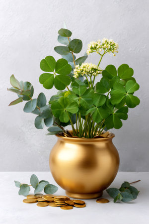 Gold pot filled with four-leaf clovers, eucalyptus, and gold coinsの素材