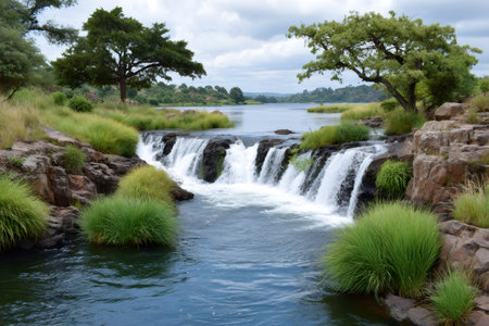 River flowing creating a waterfall feature over dark rocks with lush grass growing alongsideの素材