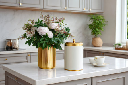 Kitchen island displaying a gold vase with peonies, a beige container, and tea cupの素材