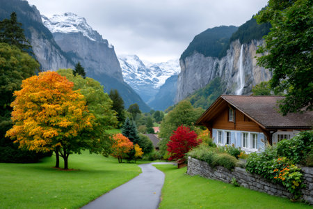 Lauterbrunnen valley showing a Swiss chalet, colorful autumn trees, and rocky mountains with a waterfallの素材