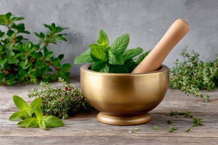 Fresh mint leaves in a brass mortar with a pestle, surrounded by various herbs on a wooden surfaceの素材