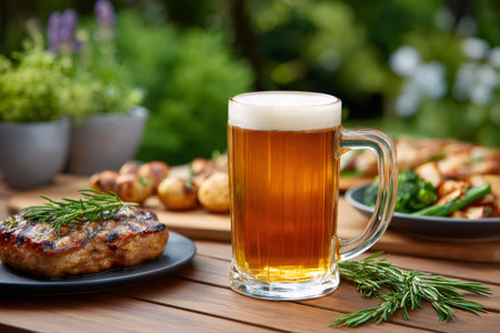 Beer, grilled meal, and fresh rosemary sprigs on wooden table in green gardenの素材