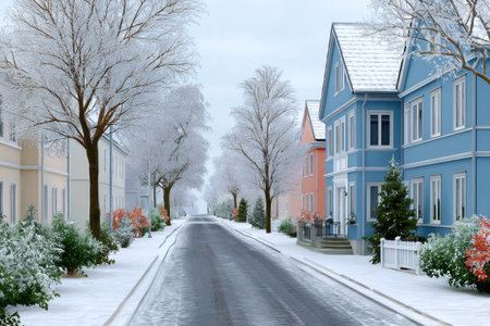 Snow covering trees and houses along a residential street on a cold winter dayの素材